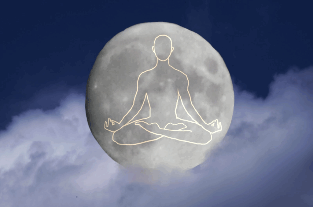 A silhouette of a meditating figure drawn over the full moon, appearing to float above the clouds :States of Mind