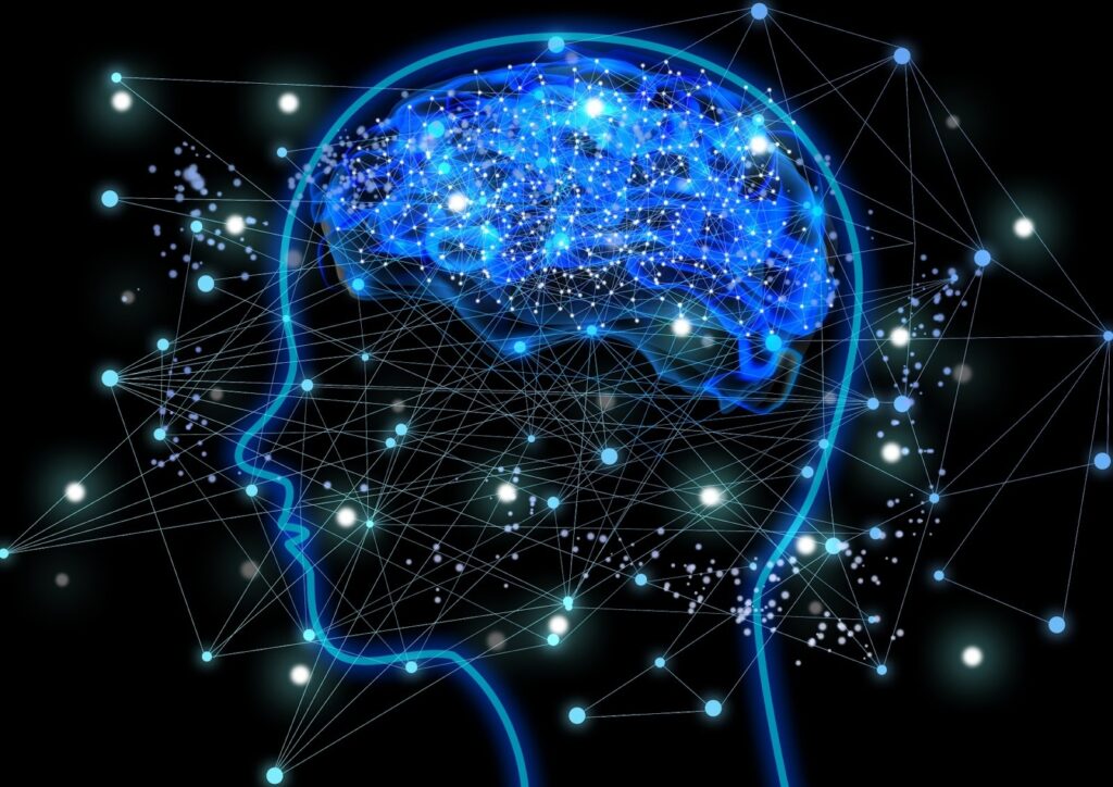 A silhouette of a human head with a glowing blue brain and neural pathways, representing a digital network or brain activity: Joe Dispenza Meditation