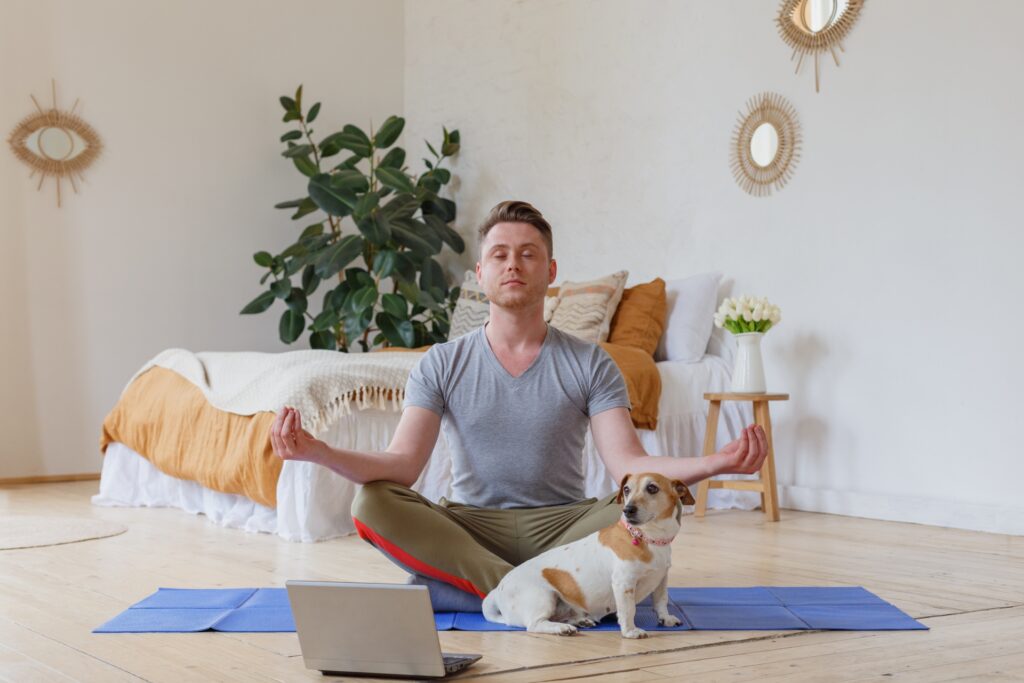 Meditation practitioner sitting cross-legged on a yoga mat at home in front of a laptop, with a small dog beside them in a bright bedroom.