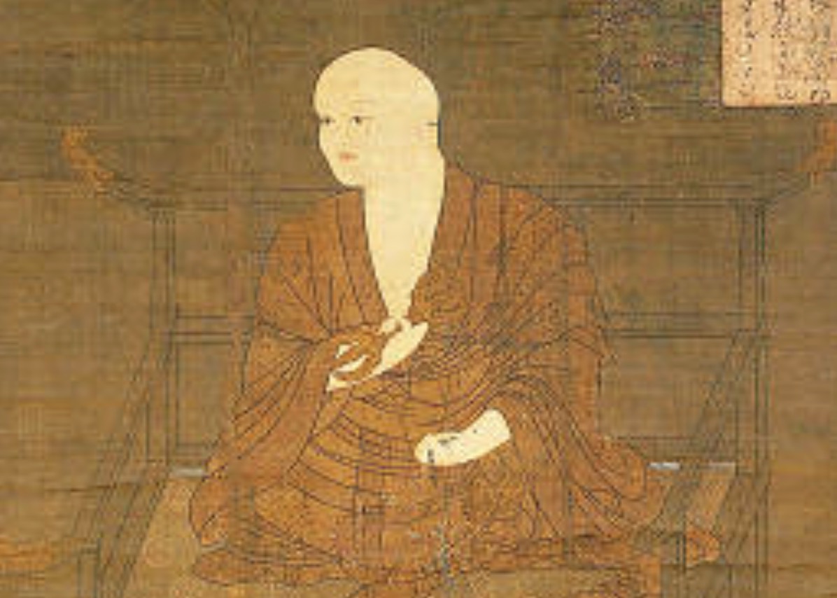 僧衣をまとい座る空海（弘法大師）の日本伝統的な絵画。