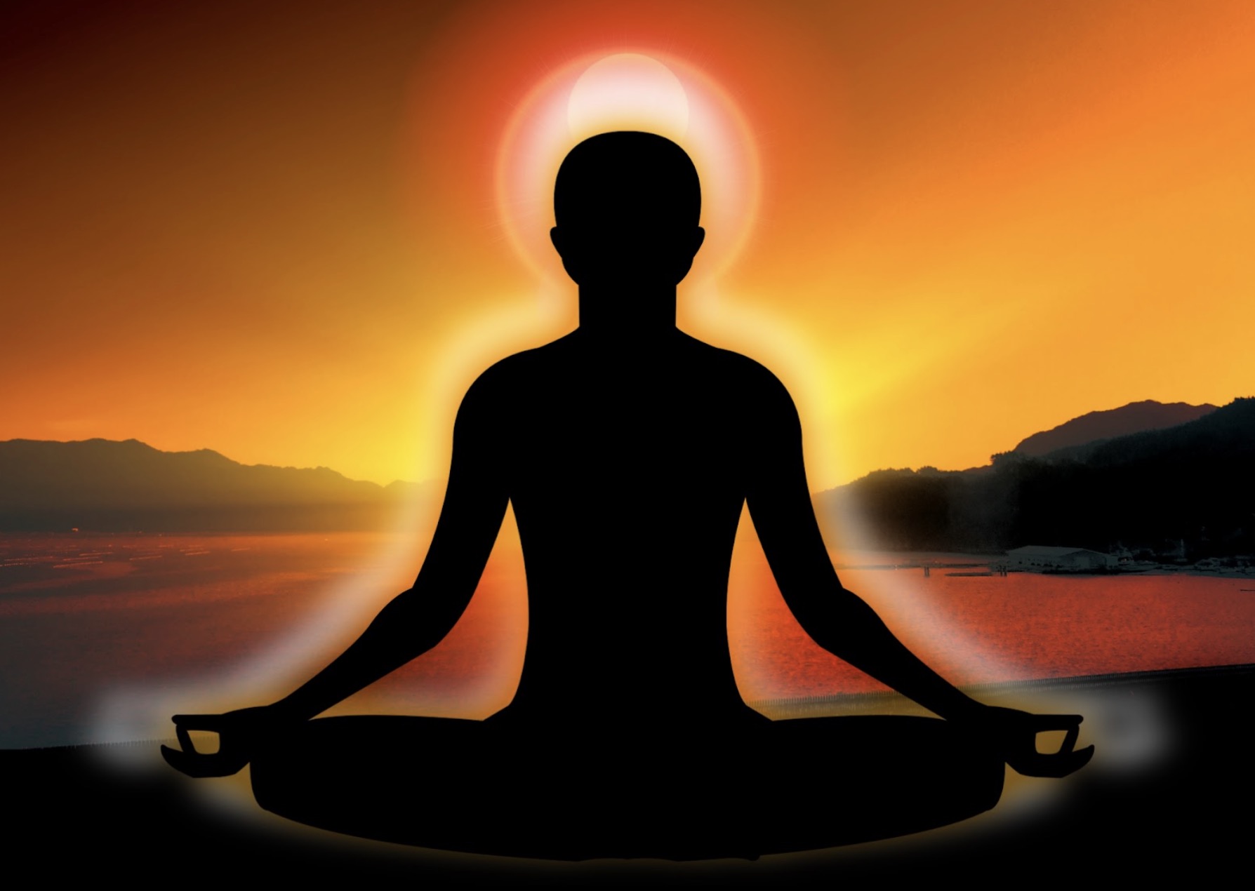 An illustration of a silhouette of a person in meditation pose with a glowing aura, set against a sunset by the sea. The sun shines behind them, creating a mystical and serene atmosphere.: Subconscious