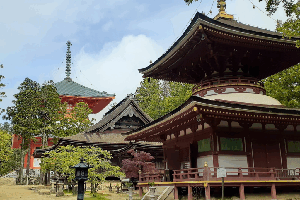 高野山の根本大塔と周囲の堂宇。鮮やかな朱色の大塔と、歴史ある木造建築、そして赤白の多宝塔が並ぶ景観：ガイド付き瞑想