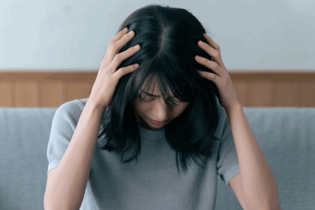A woman holding her head with both hands and looking down in stress or frustration.:Meditation for Anxiety