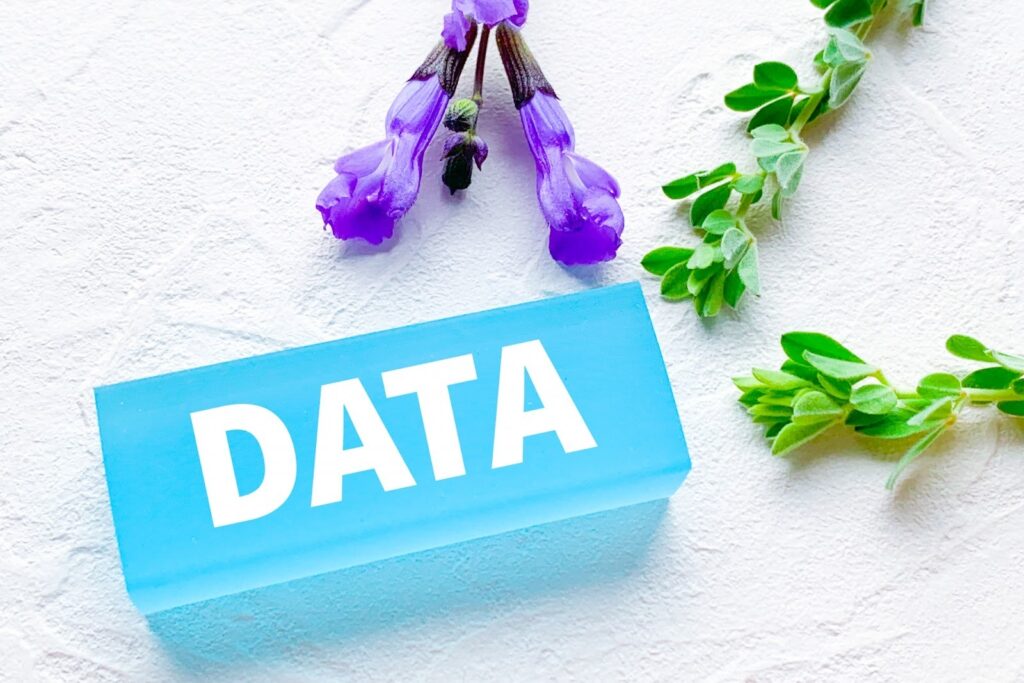 A blue block with the word "DATA" in white letters, placed alongside purple flowers and green leaves : Body Scan Meditation