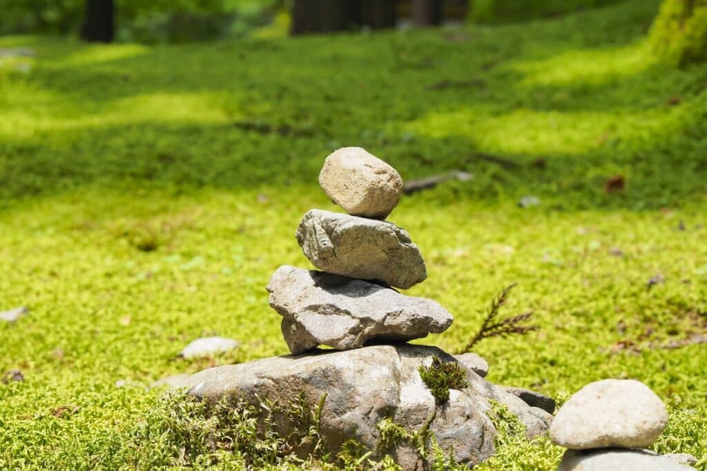 緑の苔に覆われた地面の上に、小さな石がバランスよく積み重ねられている。自然の中で静けさと調和を感じさせる風景：Matter Over Mind
