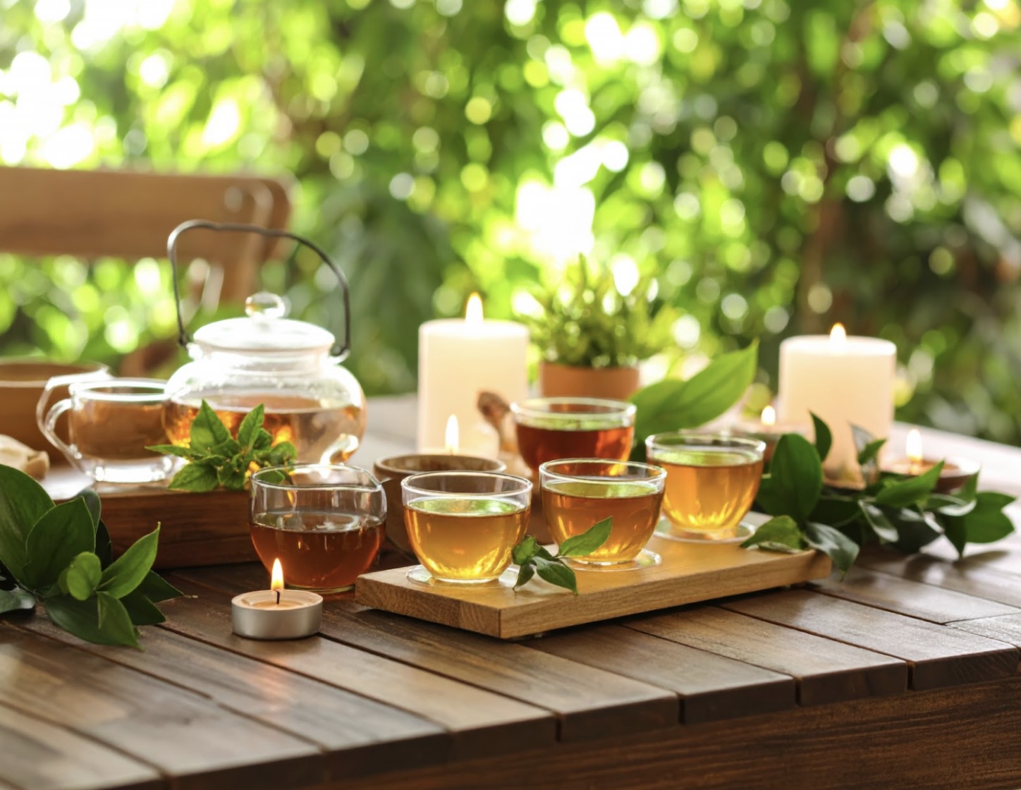 A wooden table set with a glass teapot and several cups of herbal tea, surrounded by candles and green plants, creating a warm and relaxing atmosphere: Calm Meditation