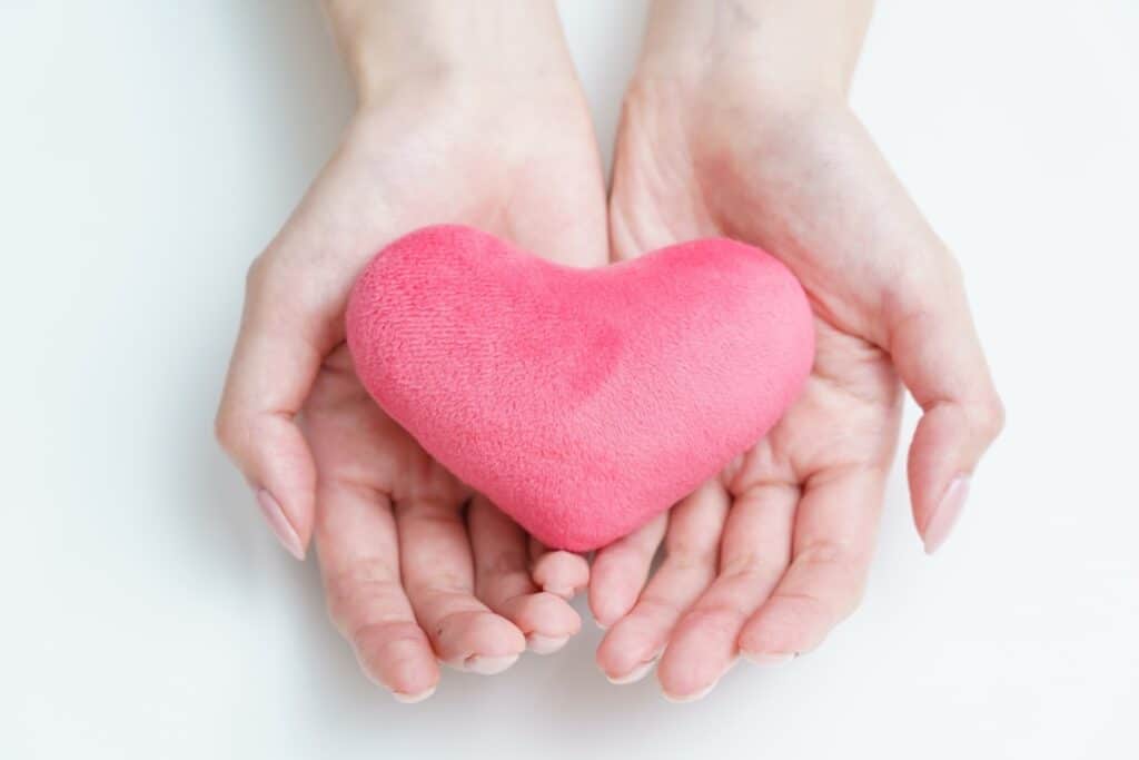 Hands gently holding a soft pink heart-shaped cushion — symbolizing kindness, compassion, and care: The Chimp Paradox