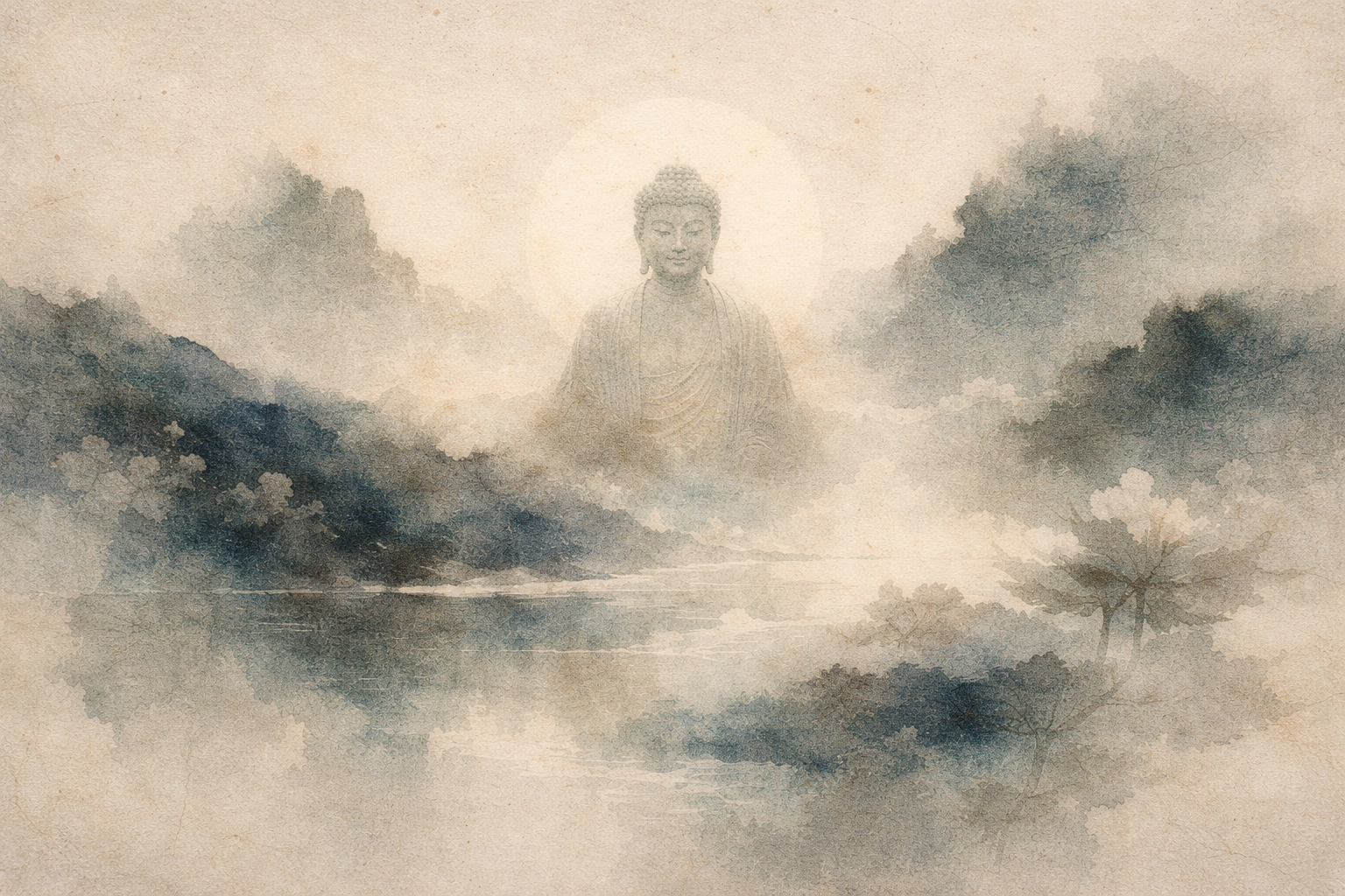 霧の中から静かに現れる仏の姿を描いた、水彩調の穏やかなイメージ。淡いベージュと青の色合いに包まれた水辺と遠景の山々が、四諦（四つの聖なる真理）への気づきと、理解へ向かう道を象徴している。
