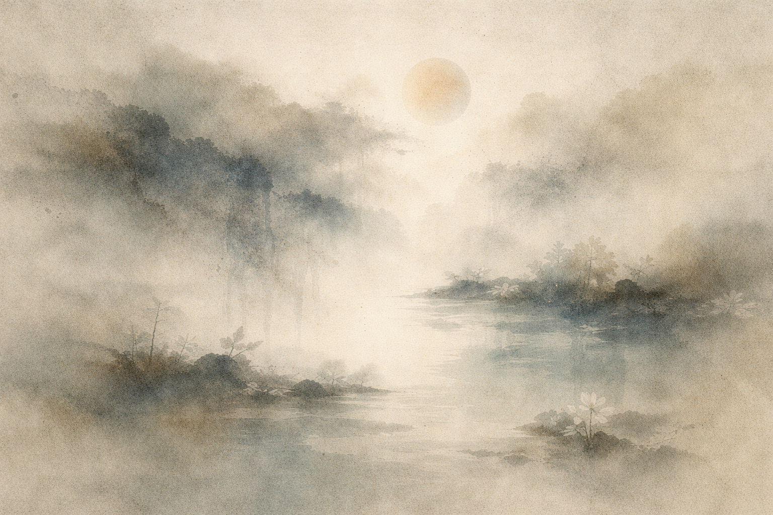 A misty watercolor-style landscape with water, distant trees, and a pale sun emerging through fog, symbolizing impermanence and the five aggregates (form, sensation, perception, mental formations, and consciousness) in Buddhism.