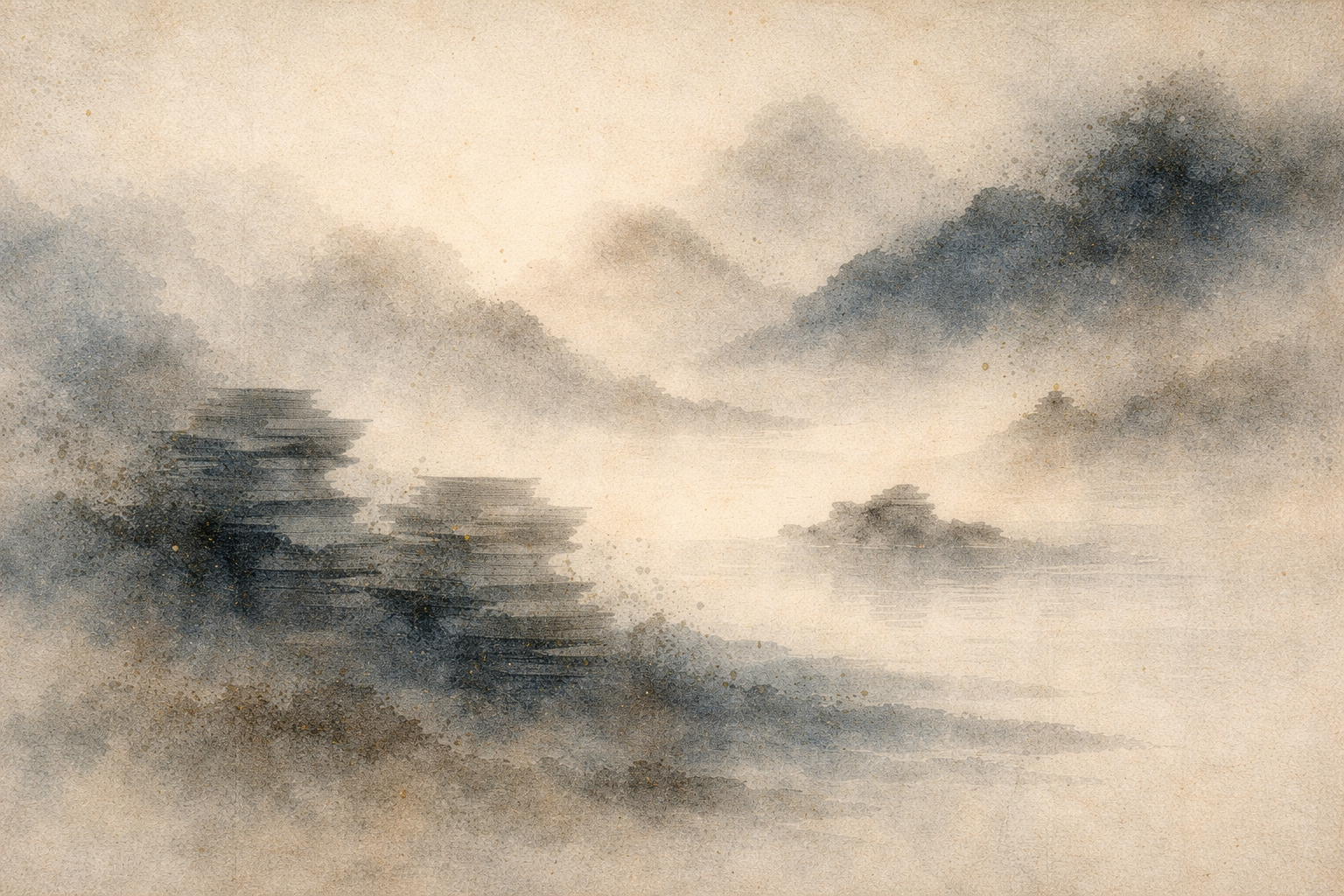 淡いベージュと青で描かれた、水彩調の霧深い山々の風景。静かに広がる余白と穏やかな地平線が、苦しみとその原因、そして安らぎへ向かう道を見つめる「五つの聖なる真理」を象徴している。