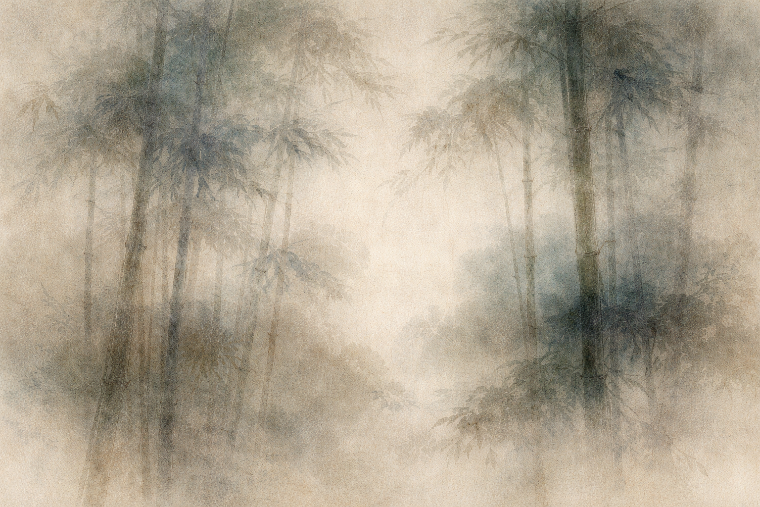 霧に包まれた竹林を描いた静かな水彩風の風景。仏教の五つの基本原理――マインドフルネス、倫理的な生き方、智慧、慈悲、そして内なる明晰さを通じた解脱への道――を象徴している。