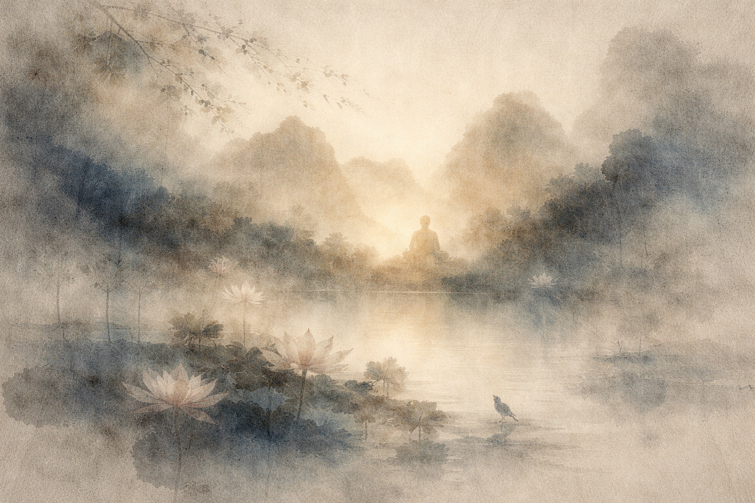 A tranquil watercolor-style landscape showing a distant meditating figure at the center, surrounded by misty trees, lotus flowers, and calm water. The soft light and balanced composition symbolize the Six Paramitas—generosity, discipline, patience, diligence, meditation, and wisdom—expressing the gradual cultivation of compassion and insight on the Buddhist path.