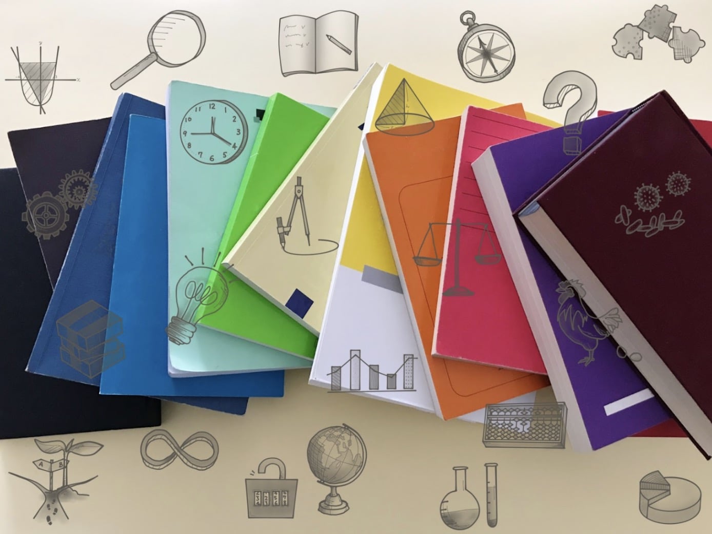 A stack of colorful notebooks and journals arranged on a desk, surrounded by illustrated icons representing time, ideas, navigation, mathematics, and science: Mind Over Mood
