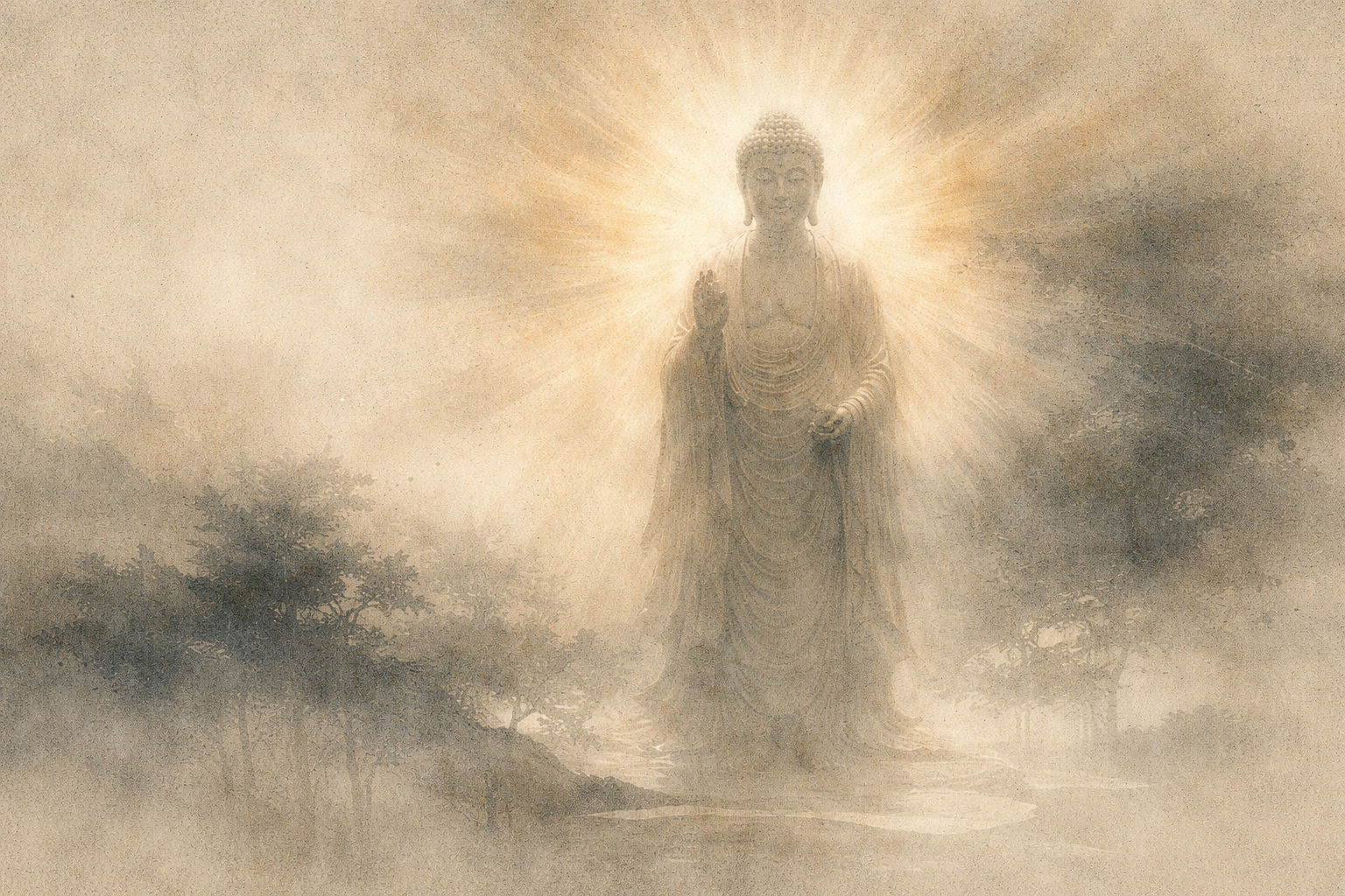 霧に包まれた風景の中に立つ阿弥陀如来を、水彩調で表現した穏やかなイメージ。背後から柔らかな金色の光が放たれ、木々や霞を照らし、無量光と慈悲、静かな安らぎを感じさせている。