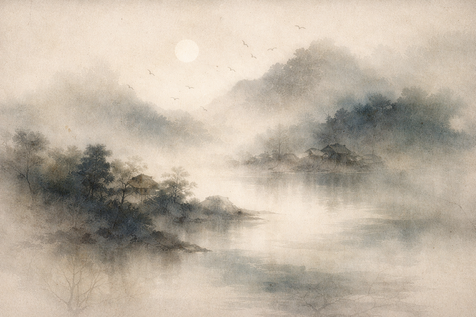 Soft watercolor landscape inspired by Amitabha Buddha, showing a tranquil mist-covered river, distant mountains, and quiet villages under a pale sun—evoking the Pure Land, boundless compassion, and the promise of rebirth in peace.