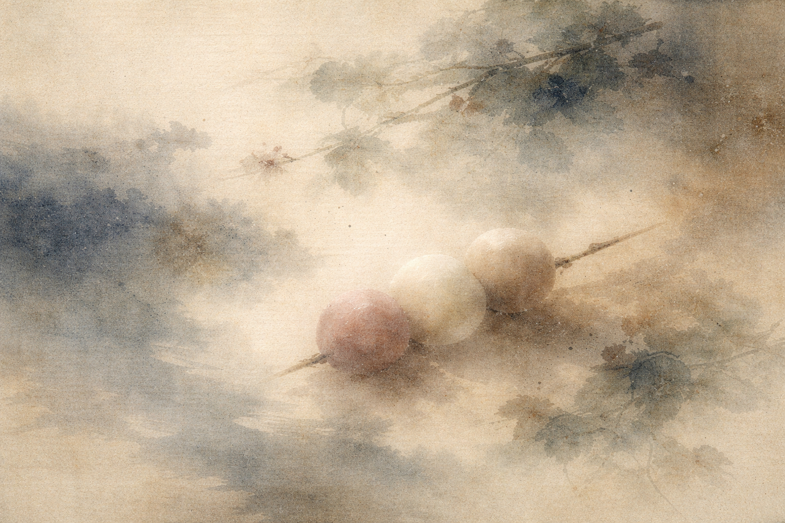Soft watercolor illustration of three traditional Japanese dango rice dumplings on a skewer, resting in misty, tranquil surroundings, symbolizing simplicity, balance, and calm—an image suited to the idea of a free meditation app focused on mindfulness and inner peace.