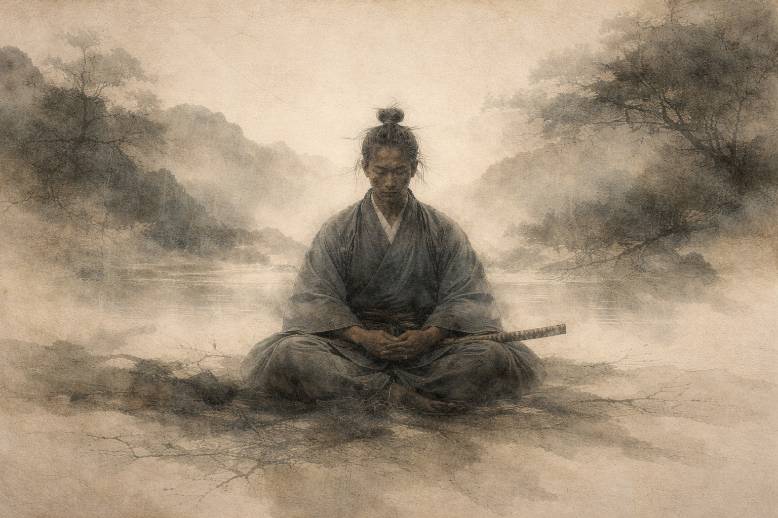 霧に包まれた川辺で静かに瞑想する人物を描いた水彩画風のイラスト。目を閉じ、穏やかに手を組む姿が、マインドフルネスの実践や、無料で使える瞑想アプリがもたらす内なる静けさと安らぎを表している。