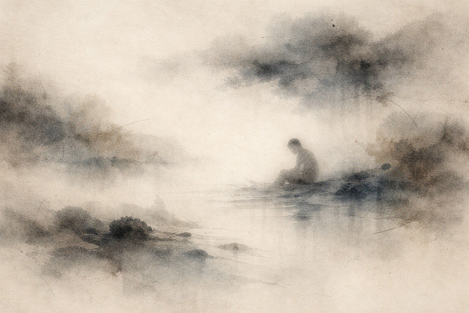 静かな水辺に一人で座る人物を描いた、水彩画風の柔らかな情景。霧と落ち着いた色合いに包まれ、誘導瞑想のような穏やかさと内省的な雰囲気を感じさせる。