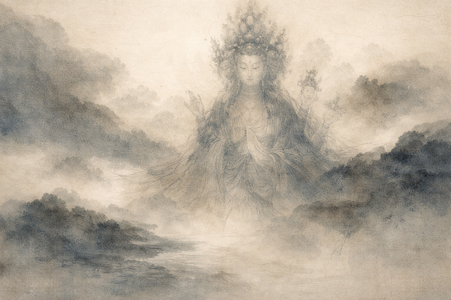 A tranquil, watercolor-style image of a compassionate bodhisattva figure emerging from mist above a calm landscape. Soft beige and blue tones, flowing robes, and gentle clouds create a sense of guidance, accessibility, and inner calm, symbolizing free meditation support and spiritual openness.