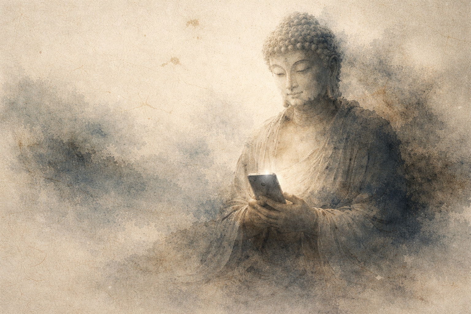 A watercolor-style illustration of a serene Buddha figure holding and looking at a smartphone, blending traditional Buddhist imagery with modern technology and suggesting mindfulness in the digital age.