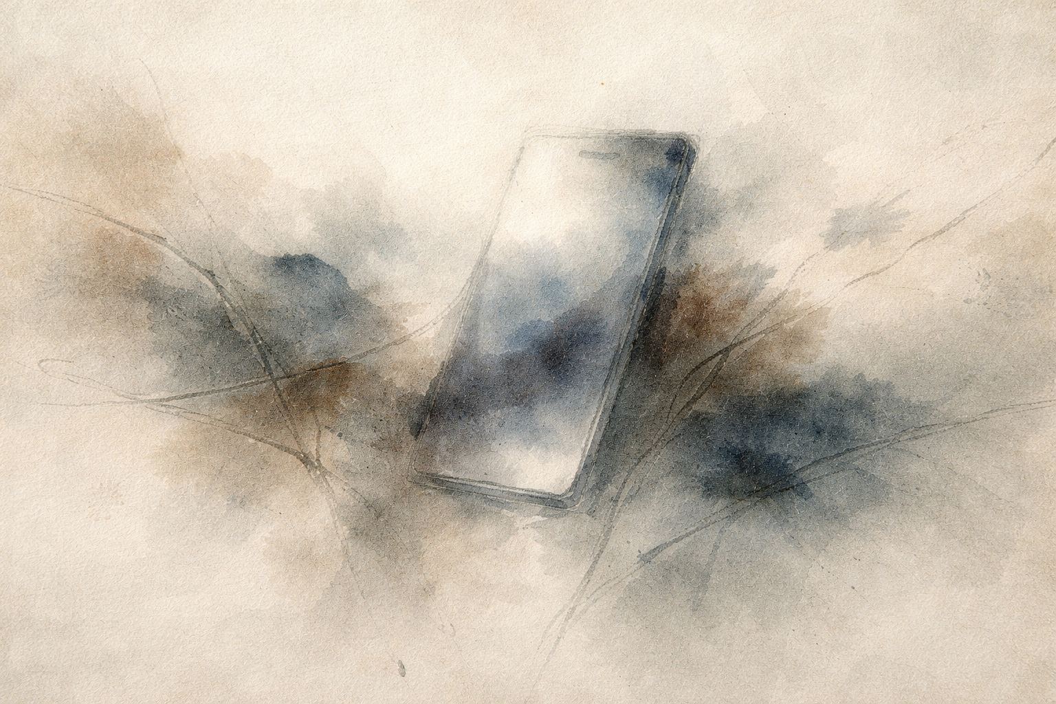 Watercolor-style illustration of a smartphone emerging softly from abstract clouds and flowing brushstrokes, symbolizing a mental health app offering calm, support, and digital mindfulness.