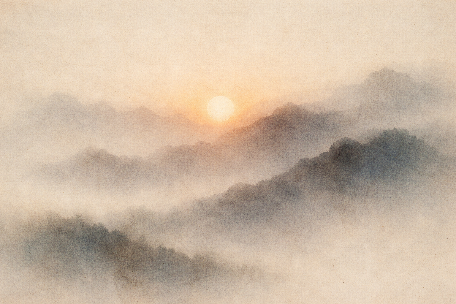 A serene watercolor-style landscape of a glowing sun rising through misty mountains, symbolizing Amitabha Buddha’s Pure Land, infinite light, compassion, and the promise of peaceful awakening.