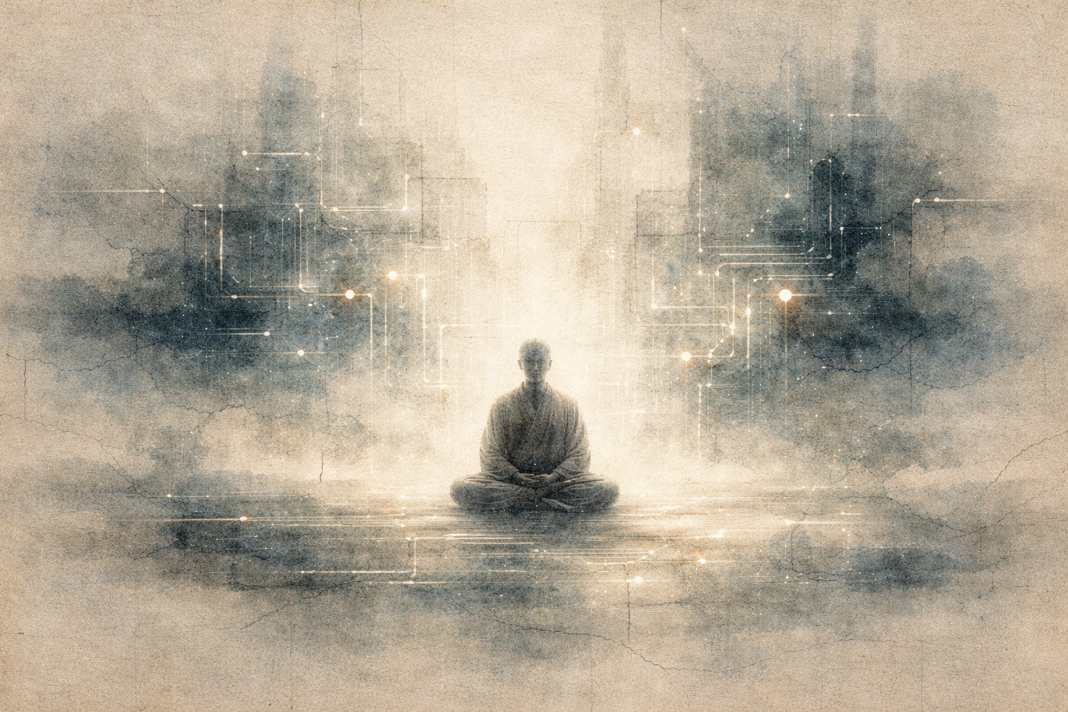 A contemplative, watercolor-style image of a meditating figure seated at the center of a misty space. Soft beige and blue tones blend with subtle, glowing network-like lines around the figure, symbolizing the Three Jewels of Buddhism—Buddha, Dharma, and Sangha—through awakening, teaching, and community.
