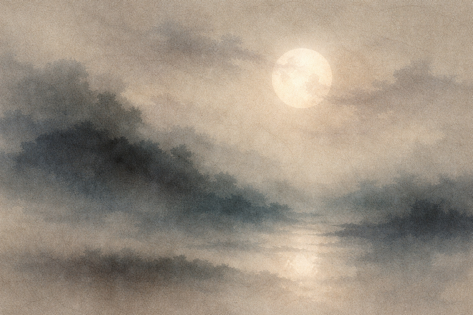 流れる雲の向こうに淡い月が浮かぶ、水彩調の静かな水辺の風景。ベージュと青のやさしい色合いが、仏陀の八正道が示す「調和」「明晰さ」「中道としての歩み」を象徴している。