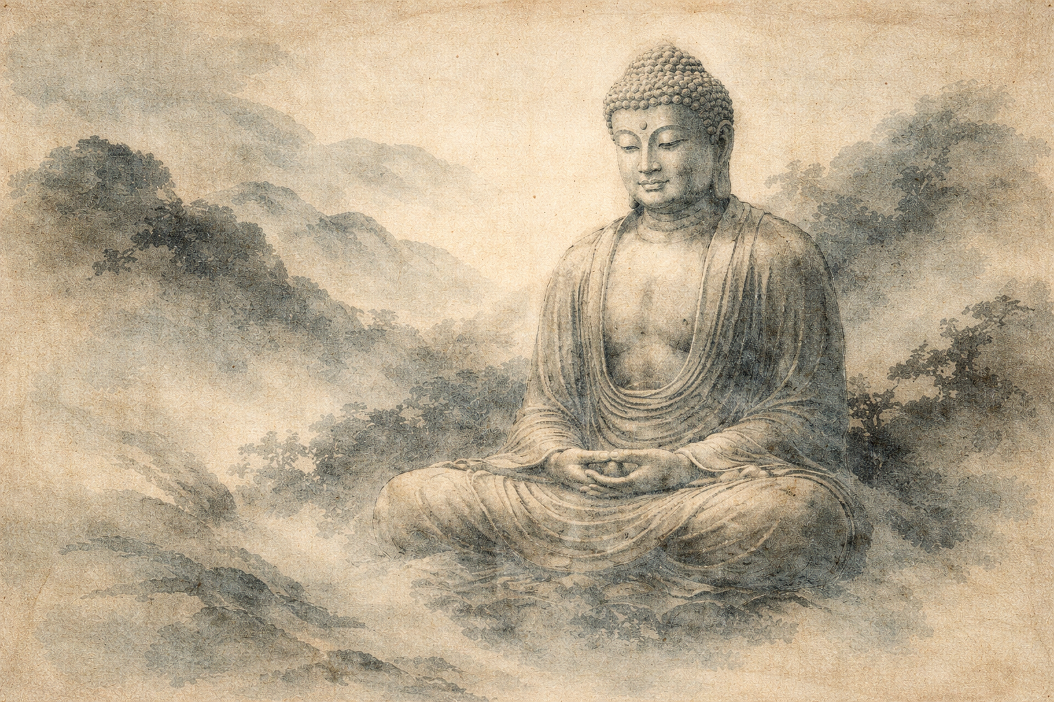 A tranquil watercolor-style illustration of a seated Buddha in meditation, resting in a lotus posture amid soft mist and layered mountains, symbolizing enlightenment, inner peace, and mindful stillness.