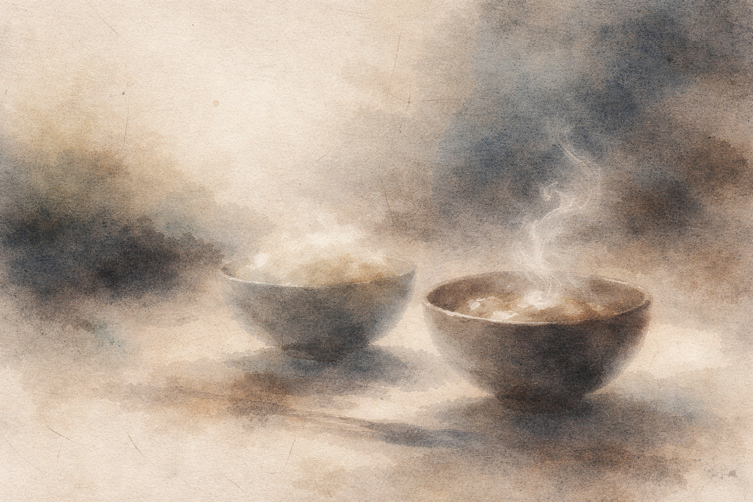 A soft watercolor-style image of two warm bowls with steam gently rising, symbolizing Buddha’s teaching of love (metta), compassion, and the quiet warmth of mindful presence.
