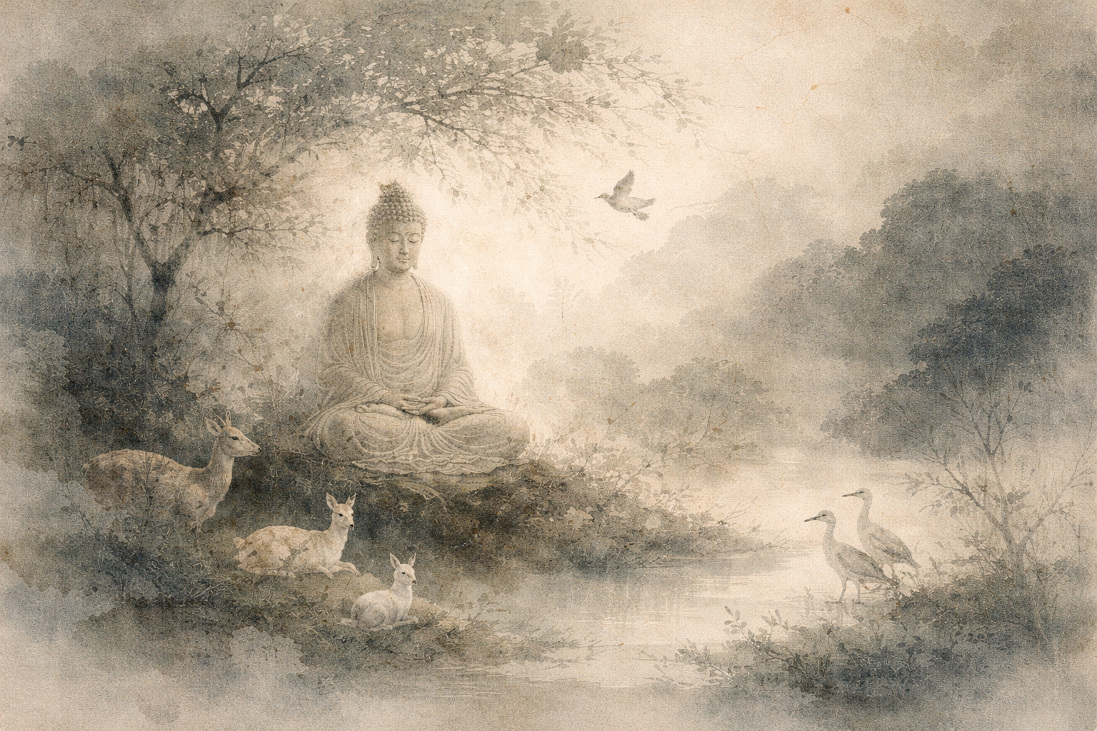 A tranquil watercolor-style scene of the Buddha seated in meditation by a misty river, surrounded by trees, birds, and animals, symbolizing enlightenment, compassion, and harmony with all living beings.