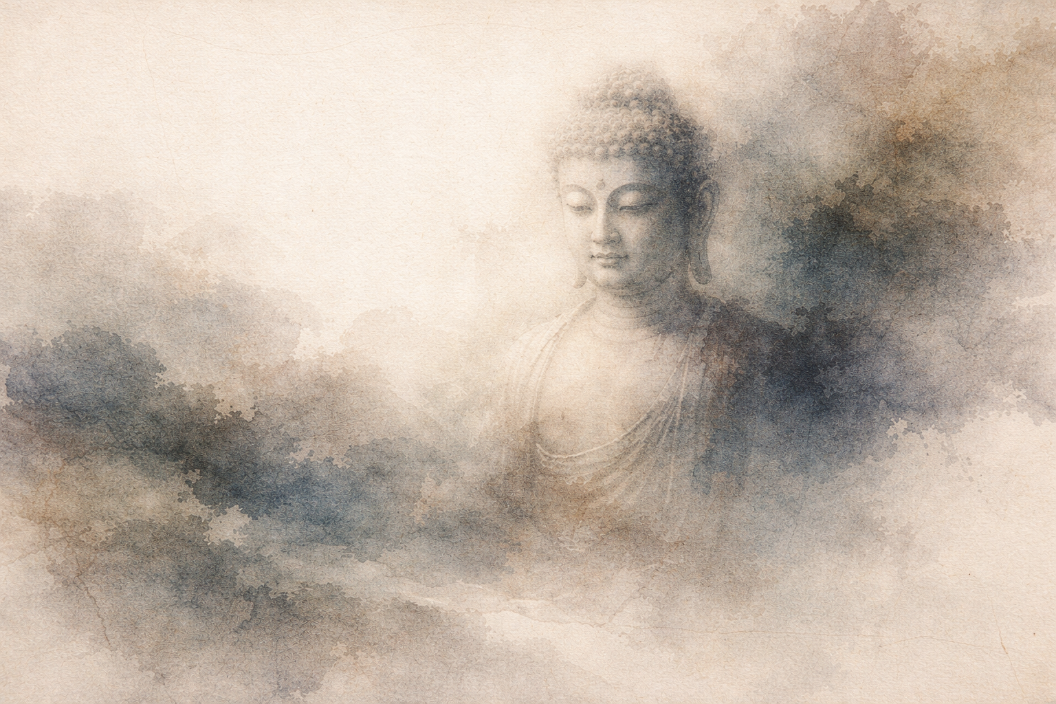 柔らかな雲の中から浮かび上がる仏の顔を描いた、水彩調の穏やかな肖像。淡いベージュと青に包まれた表情が、苦しみへの深い理解と慈悲、そして解放への道を静かに語りかけている。