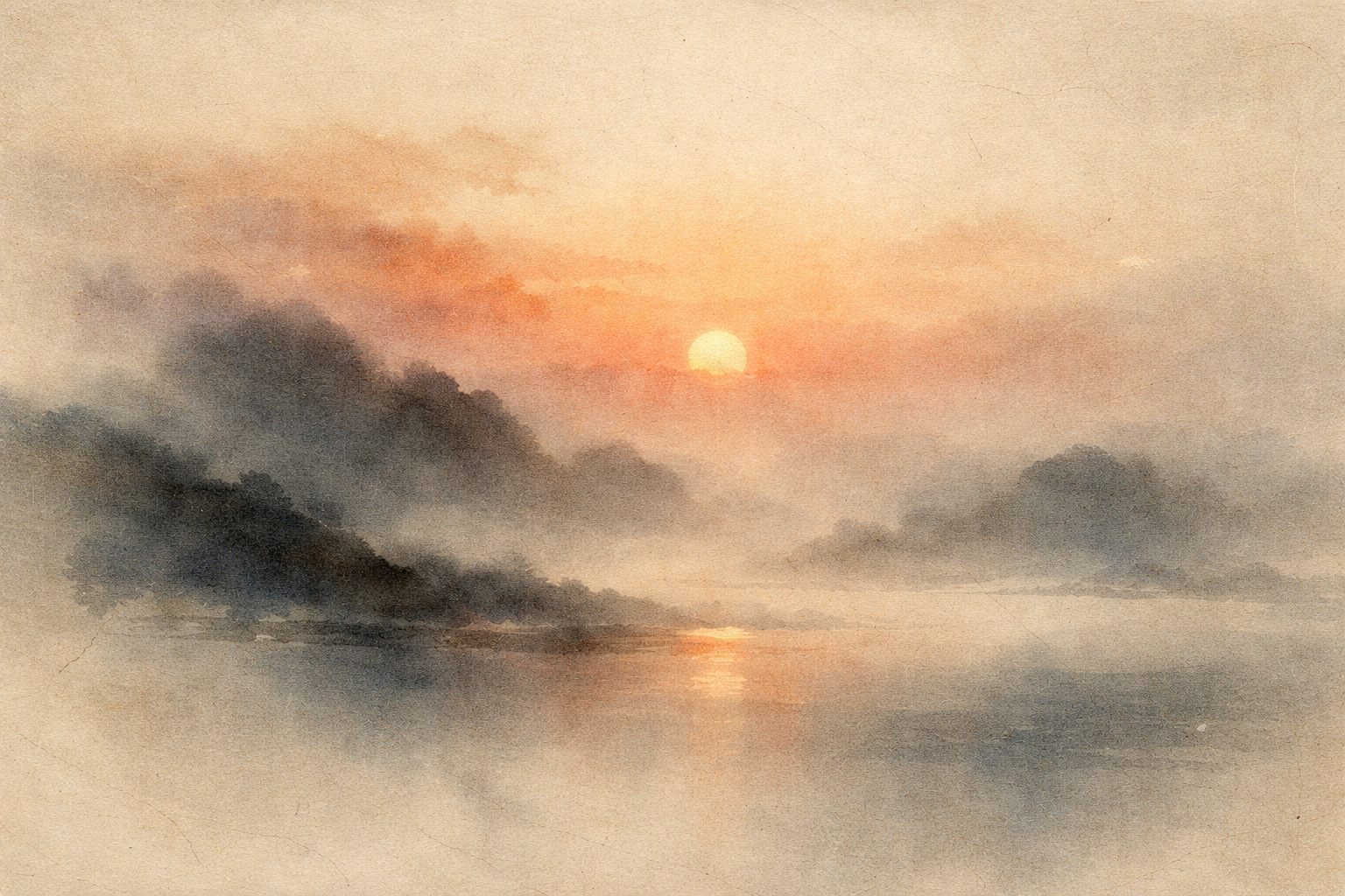 霧に包まれた水面と遠くの丘の上に昇る柔らかな朝日を描いた水彩画風の風景。苦（ドゥッカ）、その原因、苦の終わり、そして解放へ至る道という、仏陀の四諦（四つの真理）を象徴している。