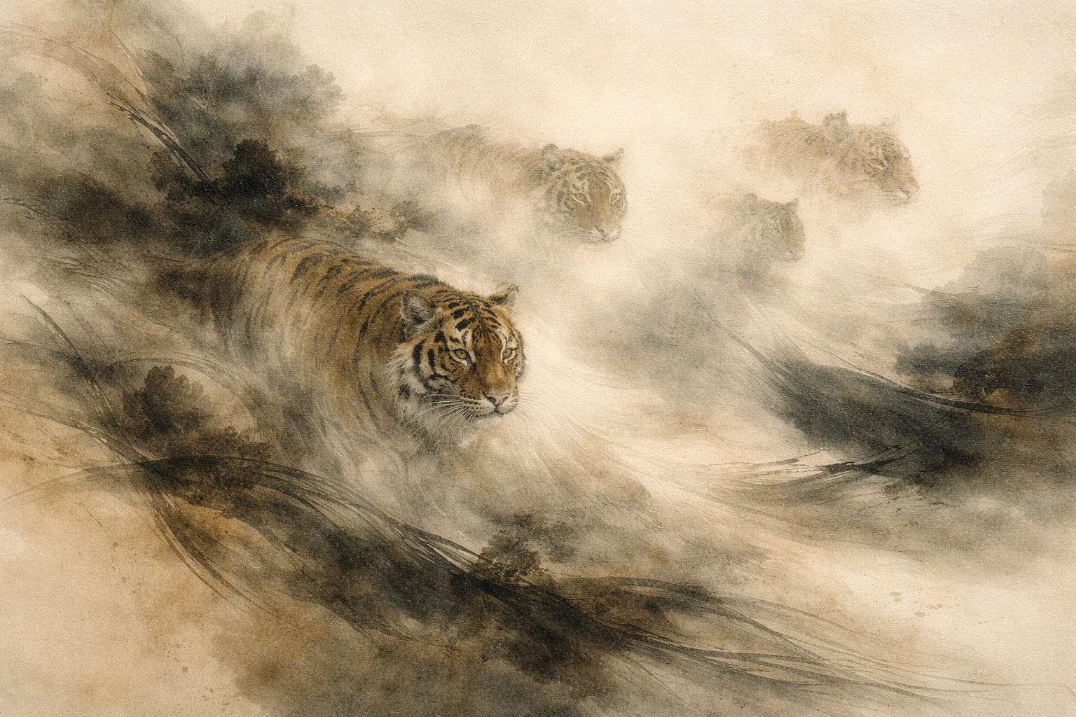 A contemplative watercolor illustration of a tiger emerging through mist, symbolizing the Five Precepts of Buddhism—restraint, awareness, ethical discipline, and the inner strength required to live with compassion and non-harm.