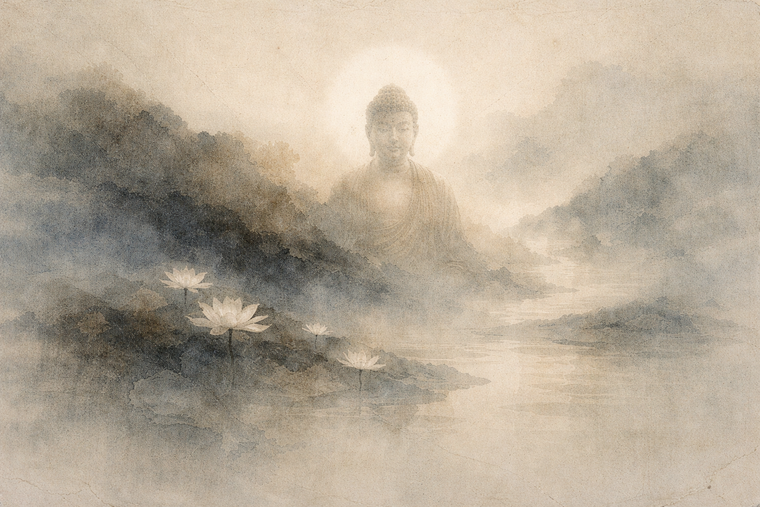 A calm, watercolor-style scene of the Buddha emerging softly from mist above still water. Lotus flowers bloom in the foreground, while muted beige and blue tones create a quiet atmosphere that reflects suffering, compassion, and the possibility of liberation in Buddhism.