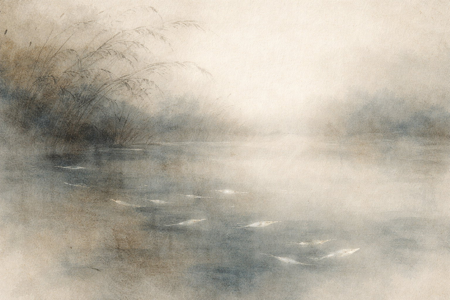 Soft watercolor illustration of a mist-covered river with gentle ripples and reeds along the shore, evoking calm and simplicity—ideal for representing a free Buddhism app focused on mindfulness, meditation, and inner peace.