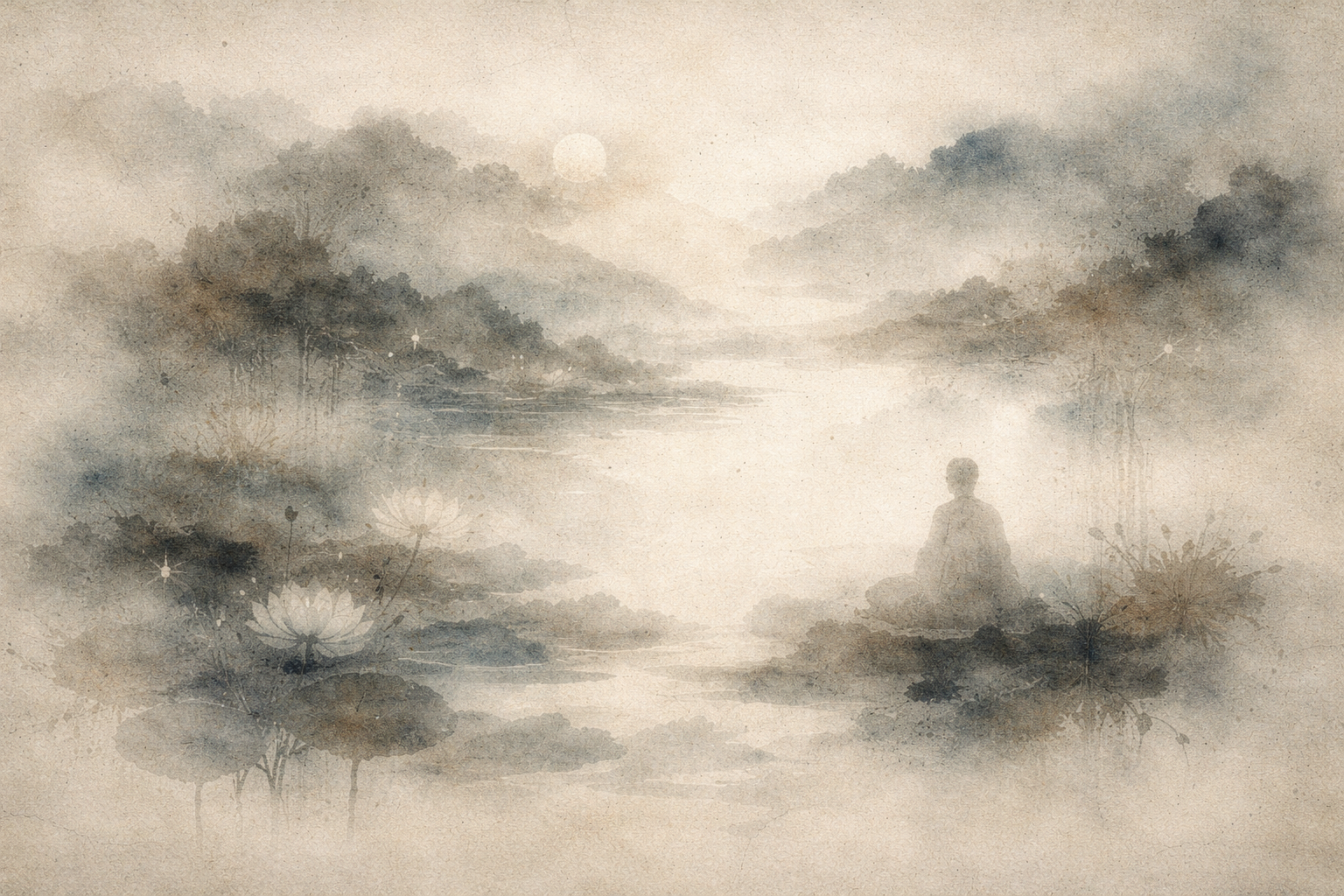 静かな水辺で瞑想する一人の人物を描いた、水彩調の穏やかな風景。霧に包まれた山々と蓮の花が淡いベージュと青の中に溶け込み、仏教の八正道が示す「調和」「気づき」「智慧への道」を象徴している。
