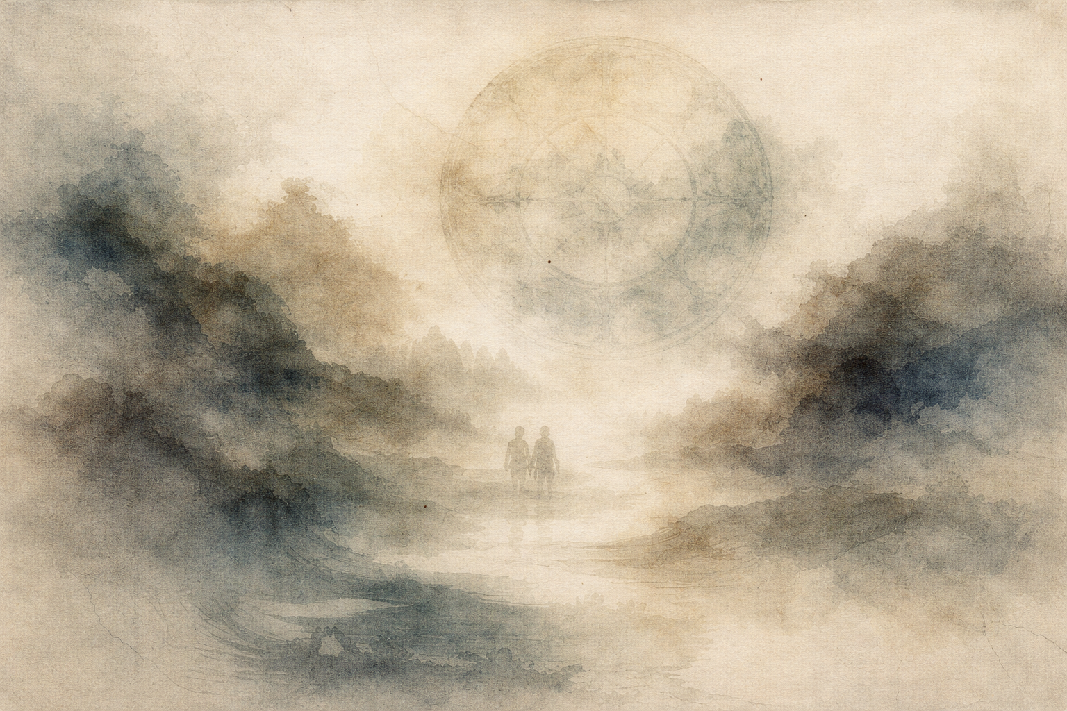 淡いベージュと青で描かれた水彩調の霧深い風景。影のような山々に挟まれた道を二人の人物が歩き、空にはかすかな円環の曼荼羅のような形が浮かび、仏教における「空」と相互依存の思想を想起させる。