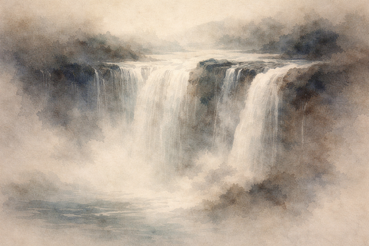 A calm watercolor illustration of a wide waterfall flowing into mist, symbolizing a Buddhism practice app on Google Play that guides users through meditation, mindfulness, and inner transformation.