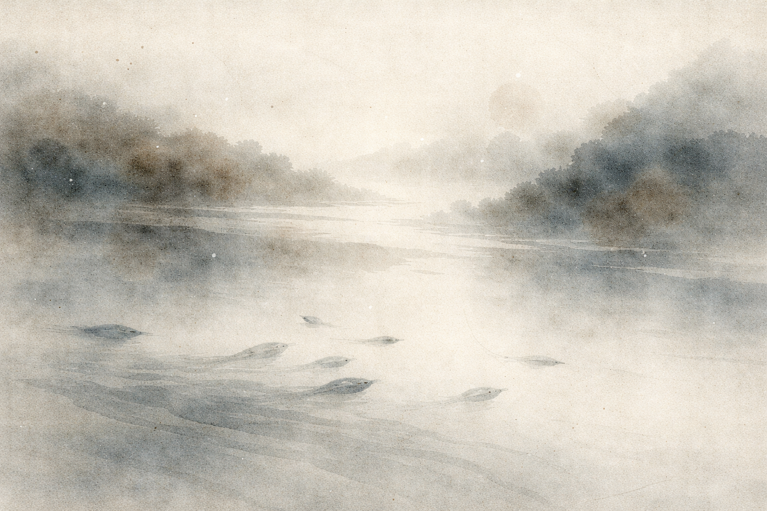 Soft watercolor landscape with a calm river, drifting mist, and small fish gliding beneath the surface, evoking quiet devotion and daily Buddhist prayer—suggesting a peaceful Buddhism prayer app experience on Google Play.
