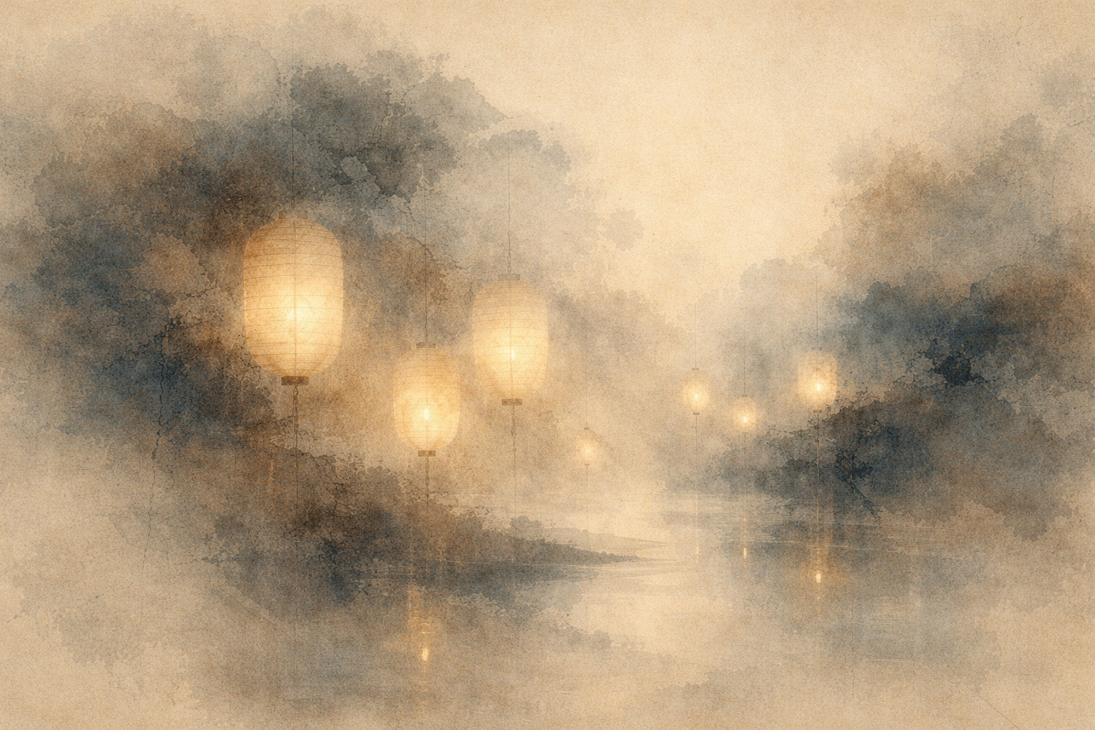 A tranquil watercolor-style scene of softly glowing lanterns lining a misty path reflected on calm water, symbolizing the different types of Buddhism as diverse paths guided by shared wisdom and light.