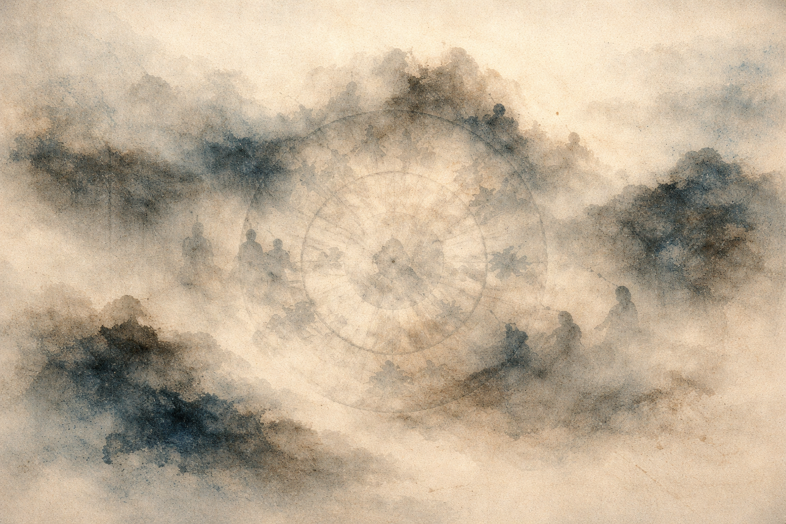 A misty, watercolor-style illustration of the Dharma Wheel emerging from soft clouds. Subtle silhouettes of people appear around the wheel, suggesting the spread of Buddhist teachings and the cycle of wisdom, calm, and mindful awareness.
