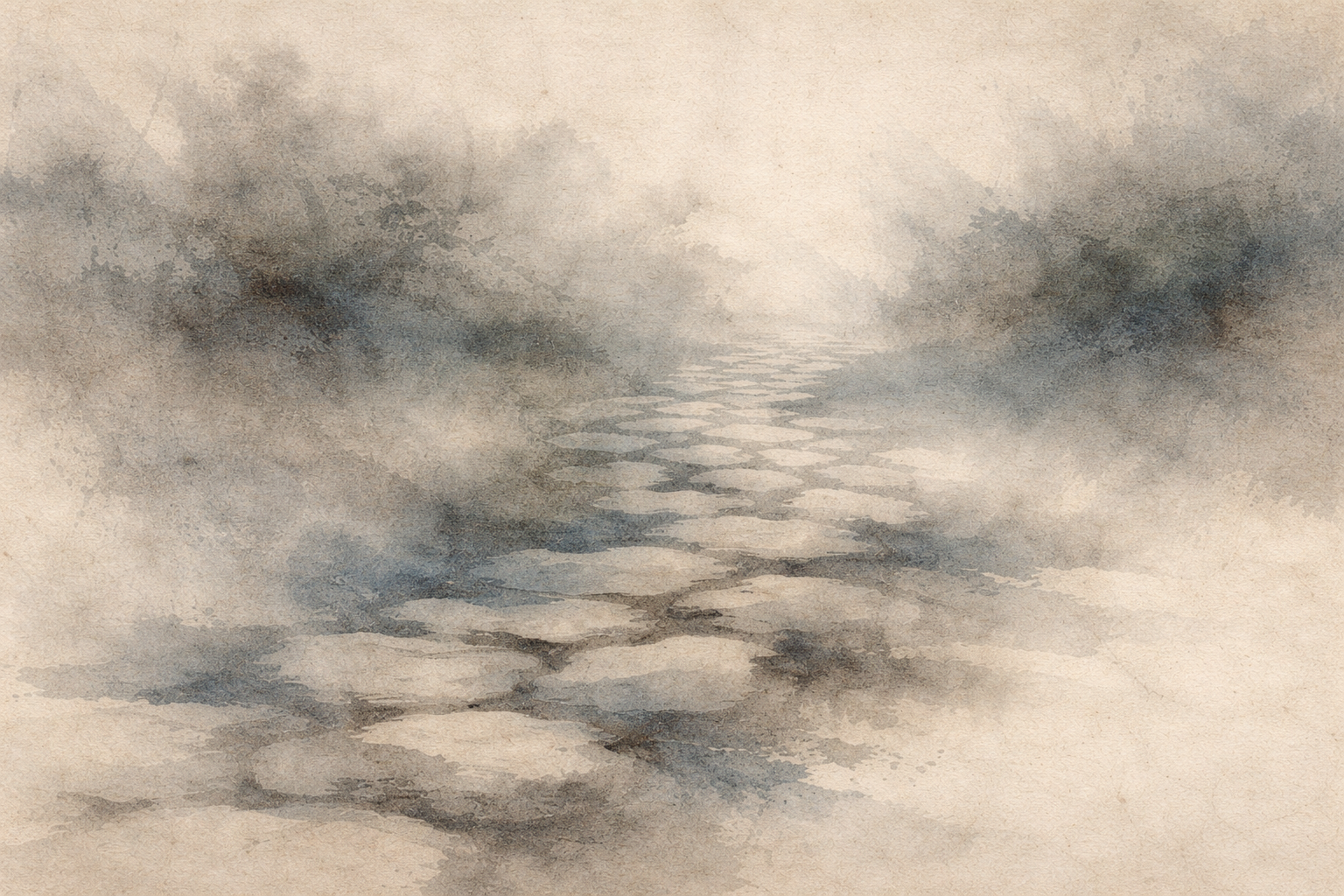 A serene watercolor-style illustration of a stone path fading into mist, symbolizing the Buddhist lotus path—inner awakening, purity arising through uncertainty, and the quiet journey toward wisdom and liberation.