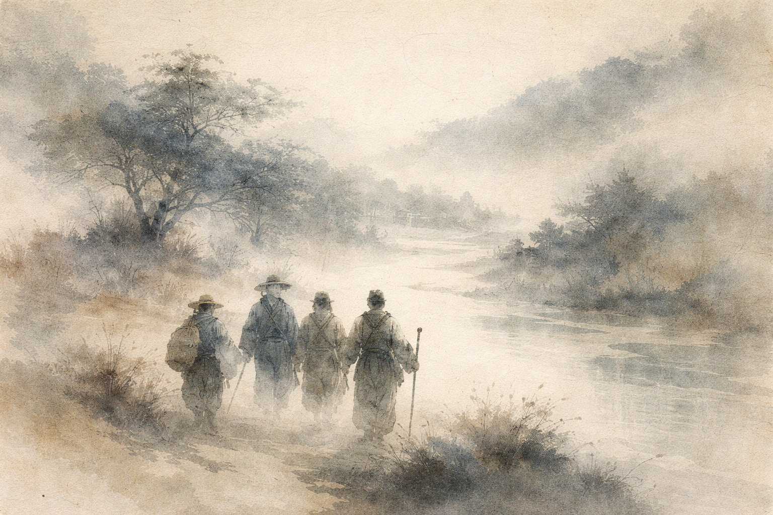 霧に包まれた川沿いの道を、4人の旅人が並んで歩く水彩画風のイラスト。異なる文化や修行法によって形づくられた、仏教の多様な流派や歩み（buddhist types）を象徴している。