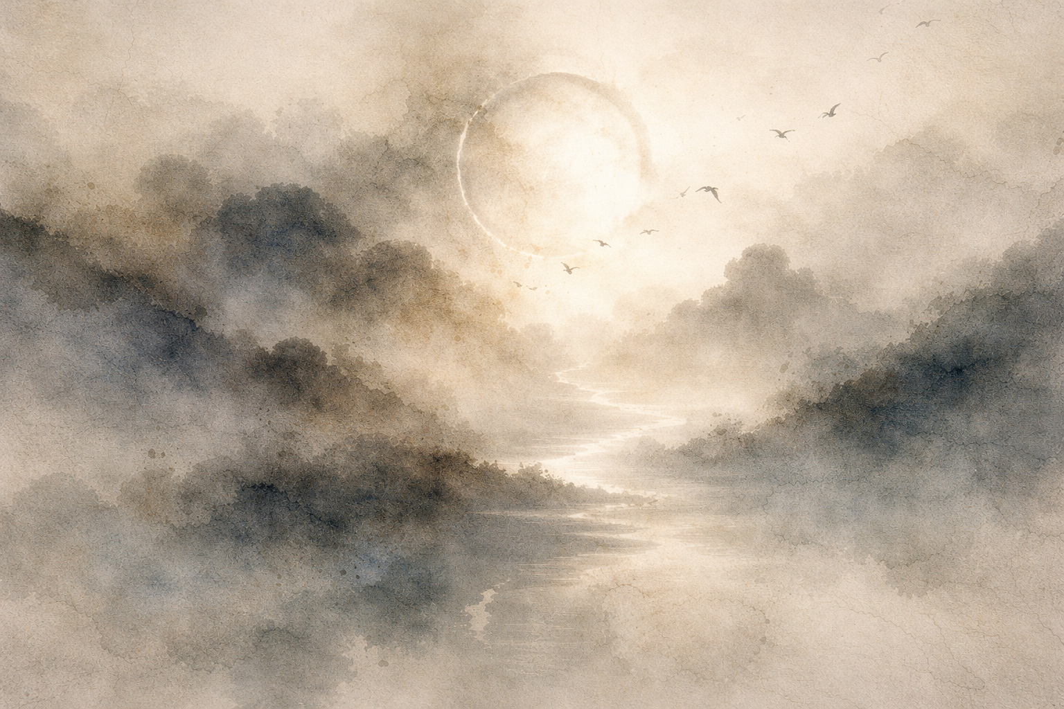 A soft watercolor landscape of misty mountains and a winding river beneath a pale, circular sun or moon. The faint circular form in the sky evokes the Buddhist Wheel of Life, symbolizing cycles of existence, impermanence, and the path toward liberation.