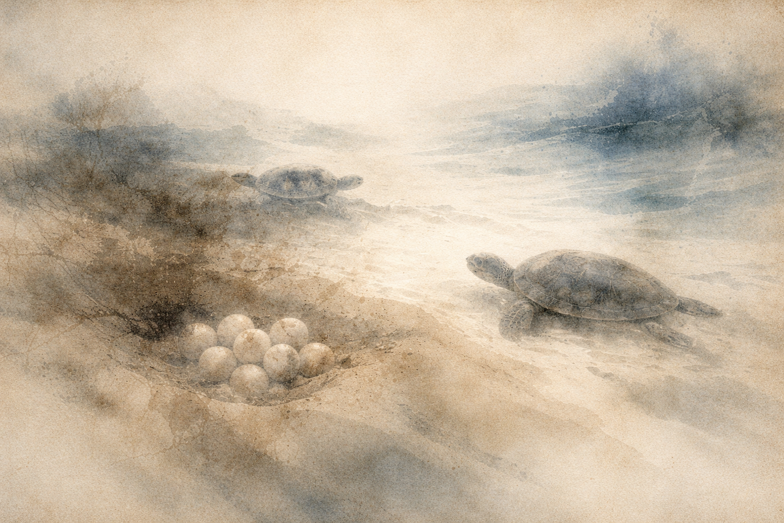A gentle watercolor-style scene of sea turtles returning to the shore beside a nest of eggs, symbolizing compassion in Buddhism as care for life, protection of future beings, and selfless responsibility across generations.