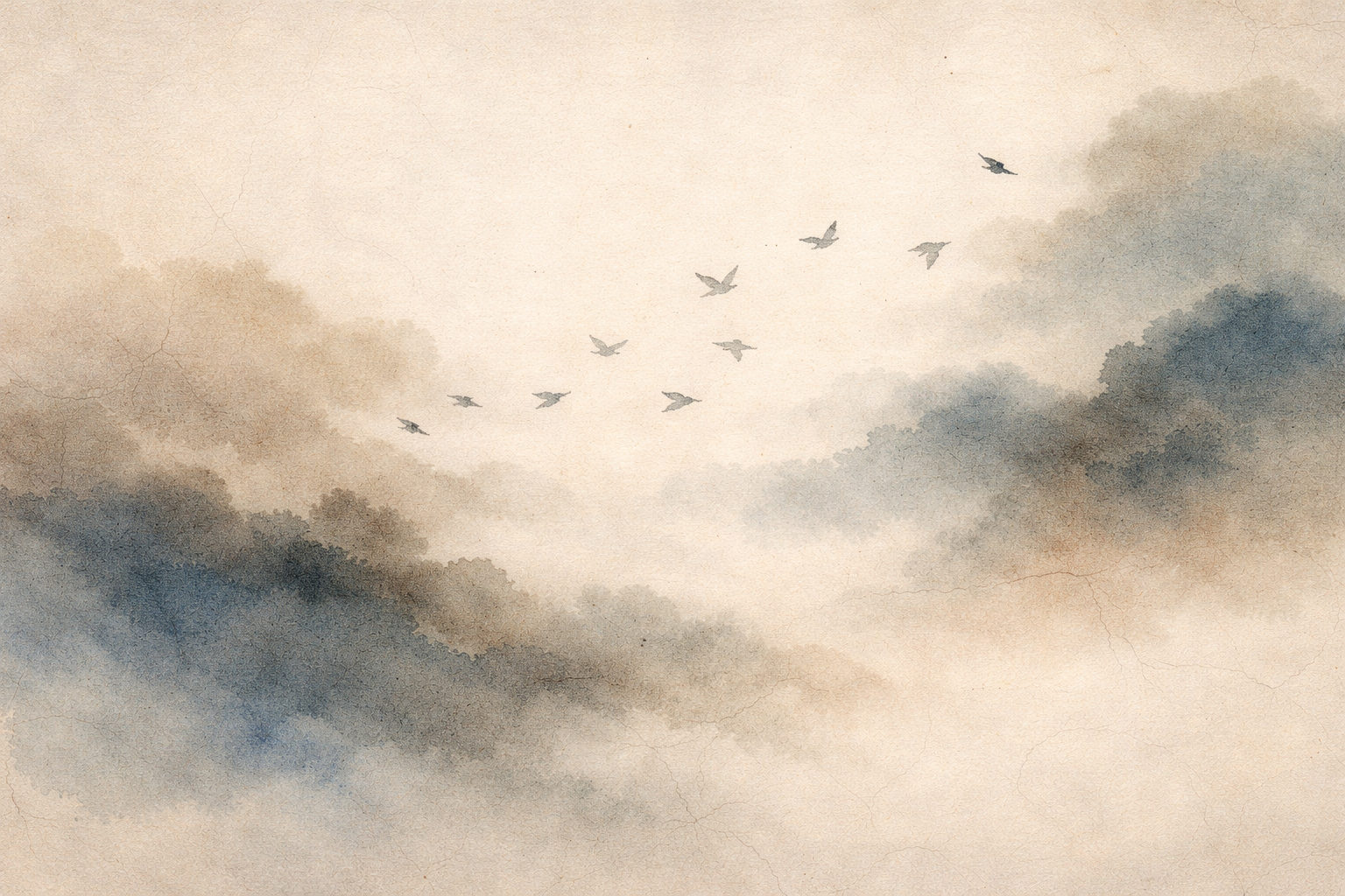 霧に包まれた山並みと空を背景に、鳥の群れが弧を描くように飛んでいる幻想的な風景。この途切れのない移動のイメージは、仏教で説かれる**輪廻（サンサーラ）**の循環を象徴している。輪廻とは、無知・執着・渇愛によって繰り返される、生・死・再生の終わりなき流れを意味する。