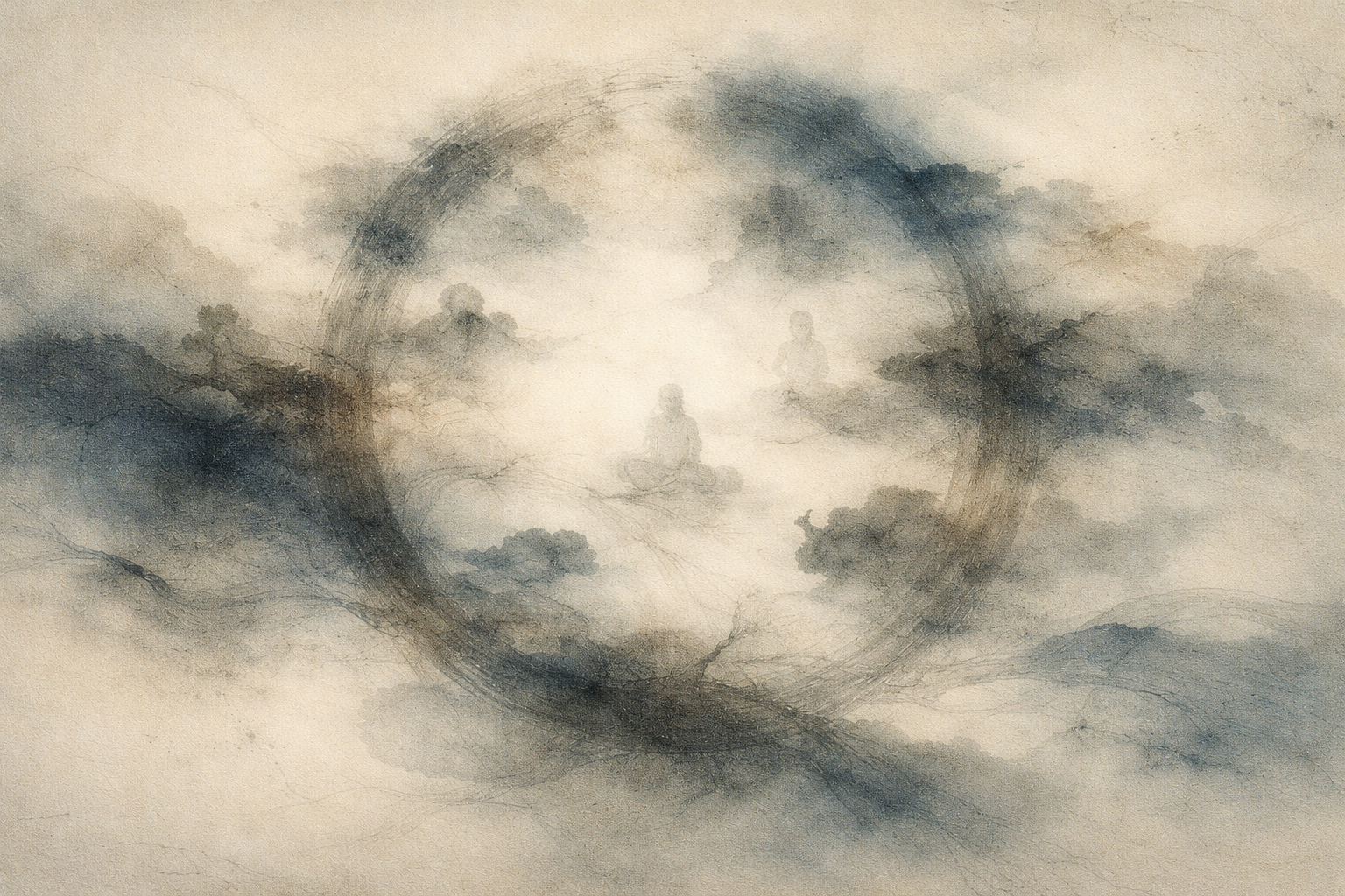 A misty, watercolor-style illustration of the Dharma Wheel forming a circular ring in the clouds. Faint meditating figures appear within the circle, symbolizing the cycle of Buddhist teachings, awareness, and the path to liberation.