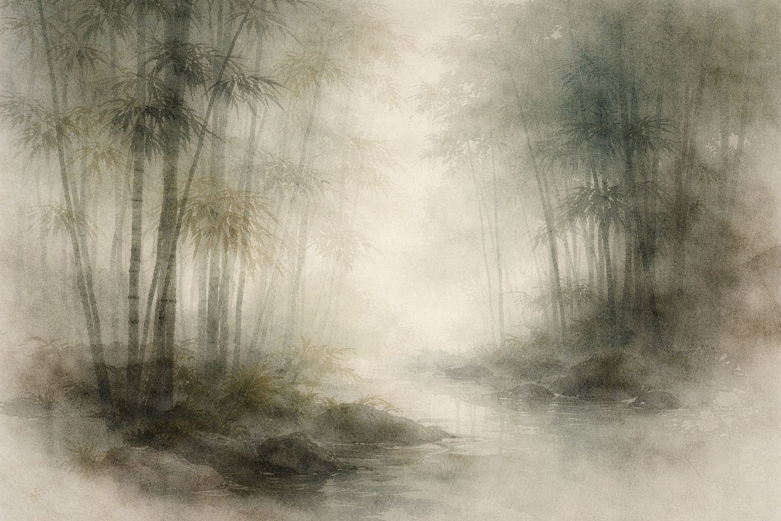 A tranquil watercolor-style illustration of a misty bamboo forest with a quiet stream, symbolizing the Dharma Wheel in Buddhism—balance, clarity, and the steady path of the Buddha’s teachings unfolding through nature.