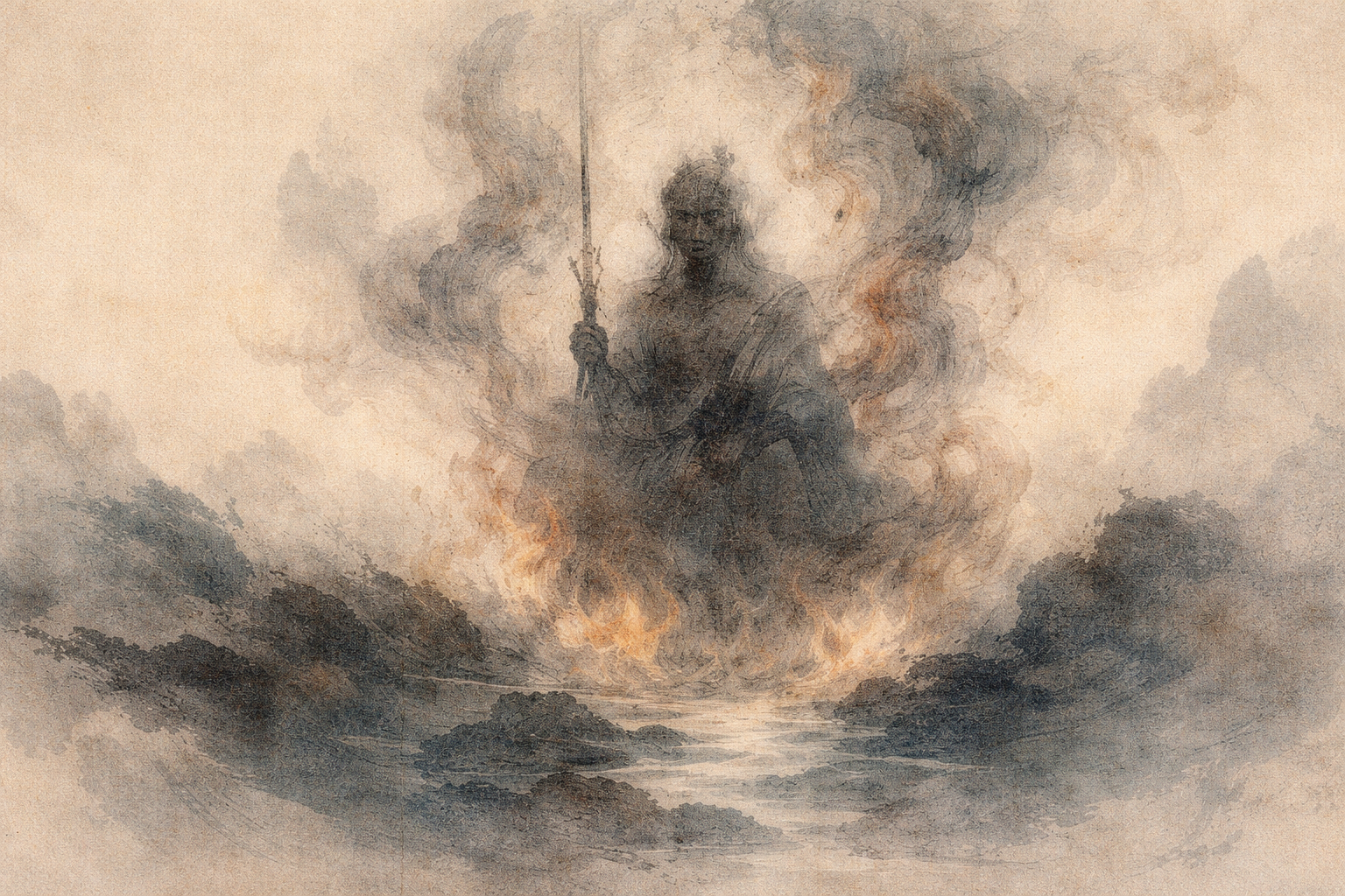 A dramatic watercolor-style illustration of a powerful, guardian-like figure rising from flames and smoke, symbolizing the Dharma Wheel in Buddhism, the transformative power of the Buddha’s teachings, inner discipline, and the path toward awakening.